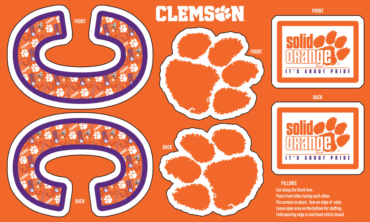 NCAA-Clemson Collegiate Pillow Project Panel Size 36"X58" Minky W58 - 10 Yd Bolt