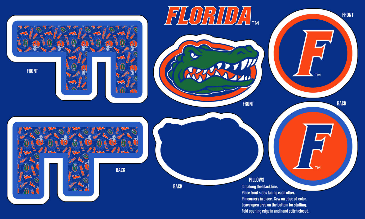 NCAA-Florida Collegiate Pillow Project Panel Size 36"X58" Minky W58 - 10 Yd Bolt