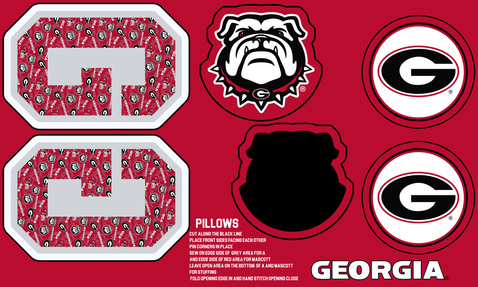 NCAA-Georgia Collegiate Pillow Project Panel Size 36"X58" Minky W58 - 10 Yd Bolt