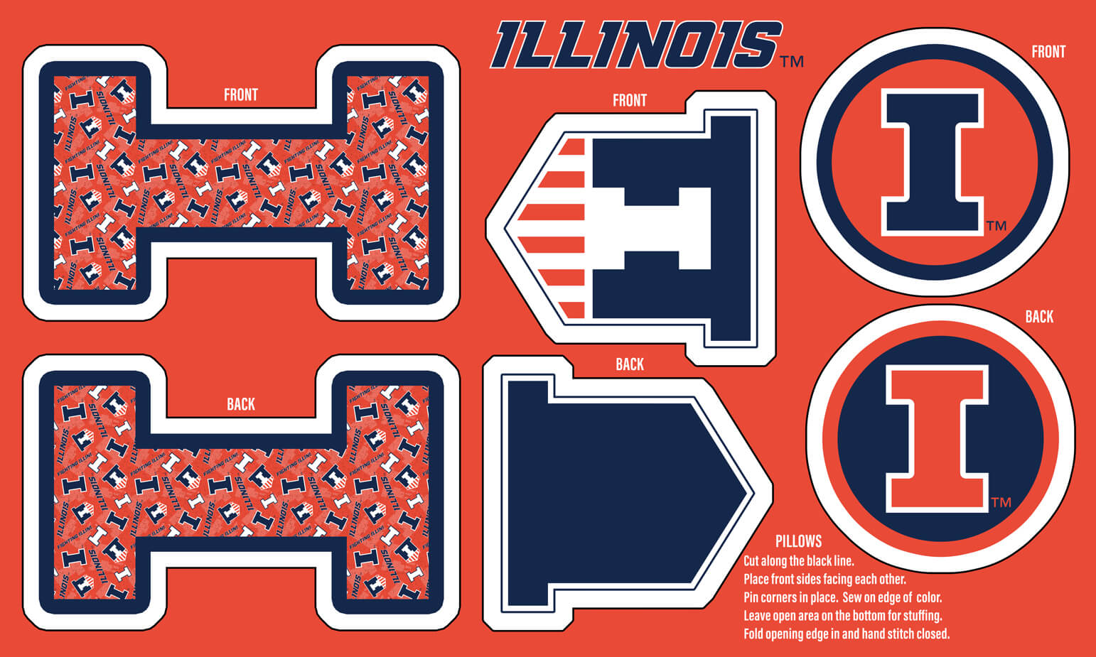 NCAA-Illinois Collegiate Pillow Project Panel Size 36"X58" Minky W58 - 10 Yd Bolt