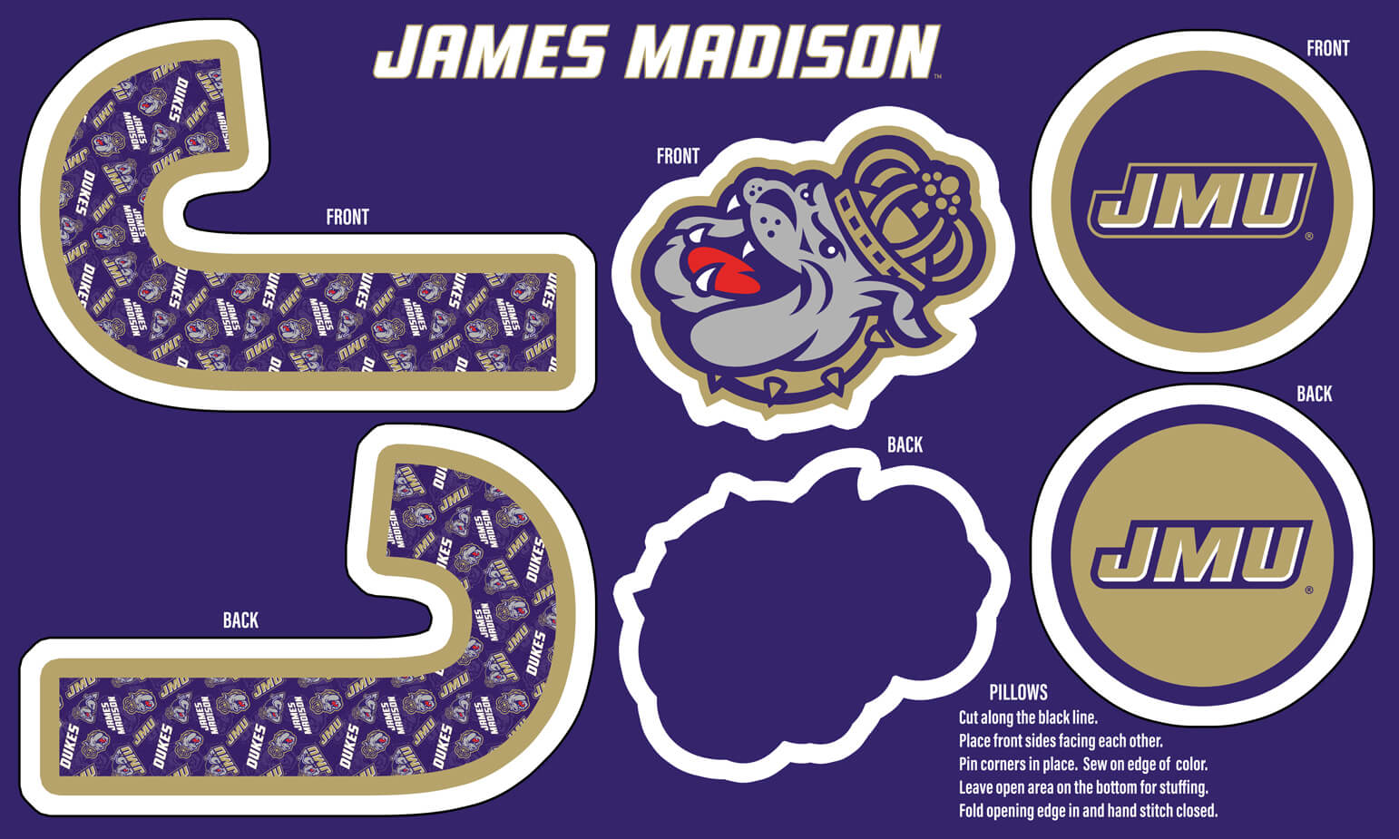 NCAA-James Madison Collegiate Pillow Project Pnl Size 36"X58" Minky W58 - 10 Yd Bolt