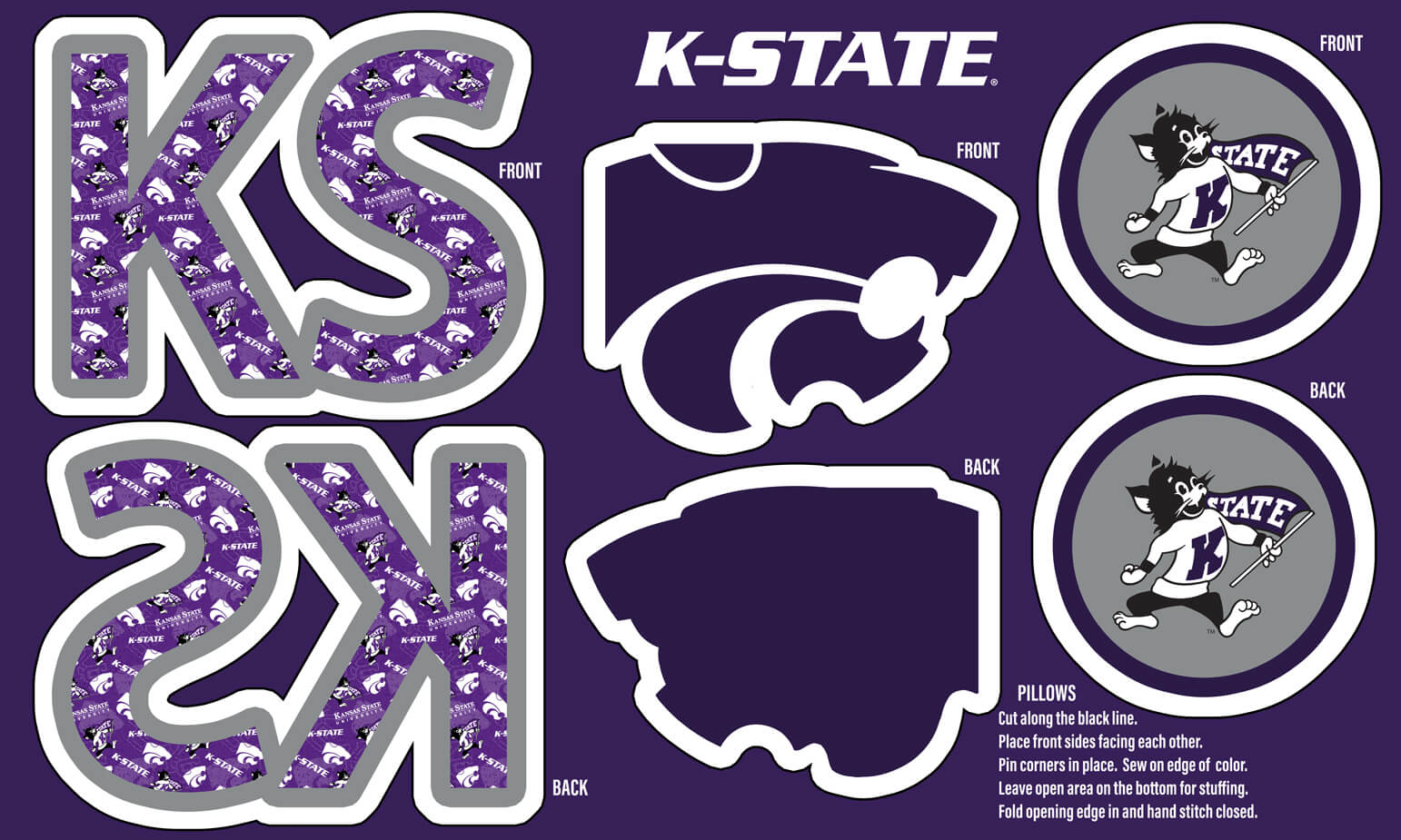 NCAA-Kansas State Collegiate Pillow Project Panel Size 36"X58" Minky W58 - 10 Yd Bolt