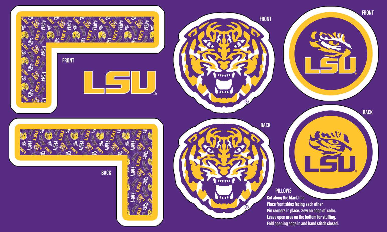 NCAA-Louisiana Collegiate Pillow Project Panel Size 36"X58" Minky W58 - 10 Yd Bolt