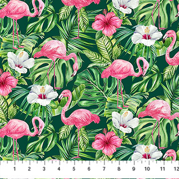 Coastal Breeze Flamingo Flowers Dk Green Multi