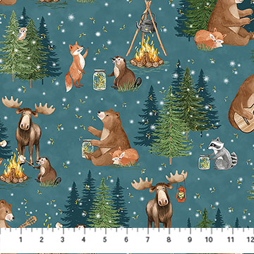 Happy Camper Night Scene Teal Multi