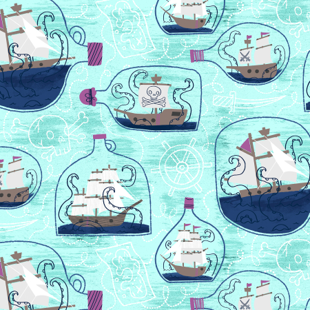 JG100-SG3 Kraken - Ship in a Bottle - Sea Glass Fabric