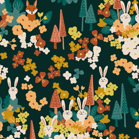 RJ4500-PG1 Neighboring Woods - Rabbit & Fox - Pine Green Fabric