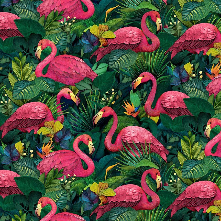 FLAMINGOS ON TROPICAL LEAVES